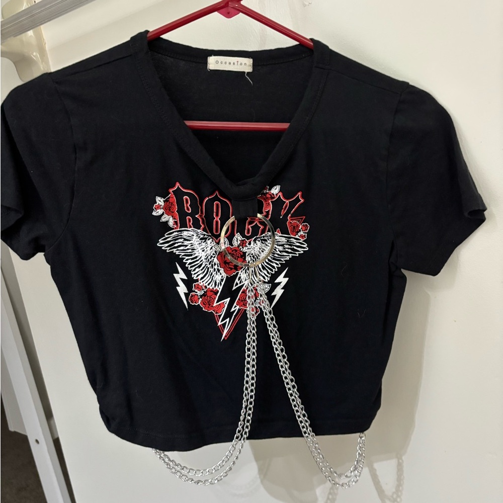 Occasion Black Rock Graphic Crop Top with Chain Detail